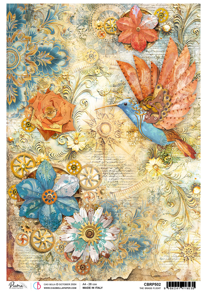 Blue and orange steampunk hummingbird with flowers on text background rice paper from Ciao Bella