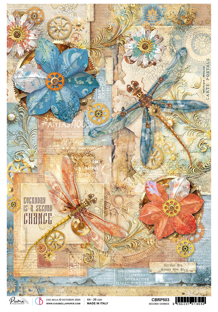 Blue and orange steampunk dragonflies and flowers on torn paper and text background rice paper from Ciao Bella