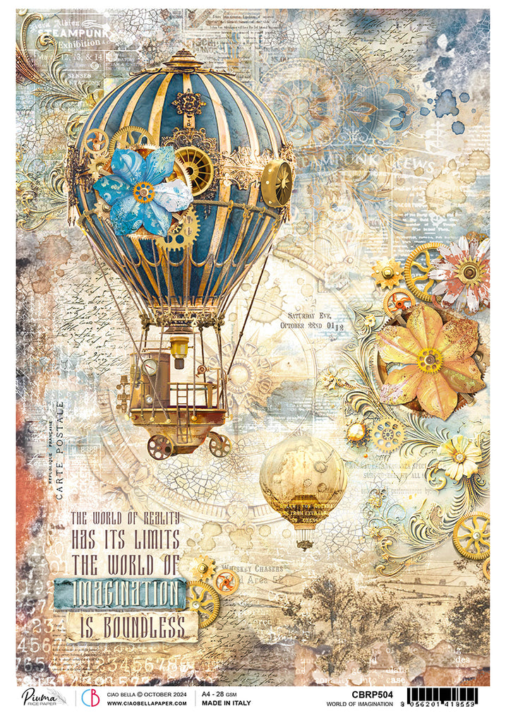 Blue and gold steampunk hot air balloon on text background with flowers rice paper from Ciao Bella