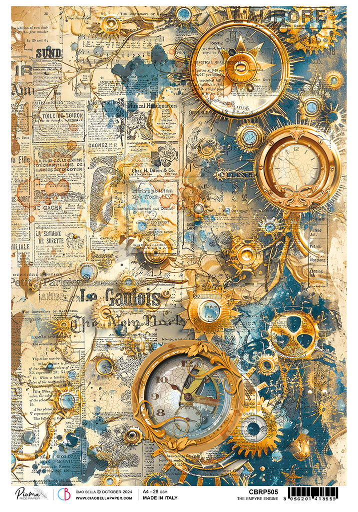 Blue and gold texture steampunk gears on script background rice paper from Ciao Bella