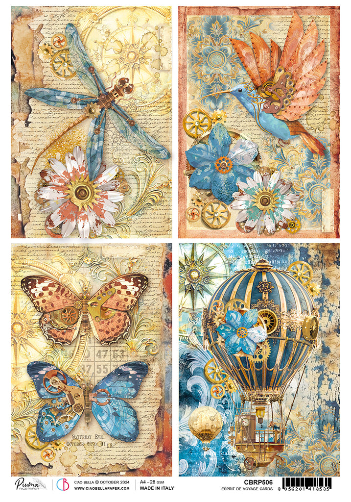 4 images blue orange and gold  steampunk bird butterflies dragonfly and hot air balloon design rice paper from Ciao Bella