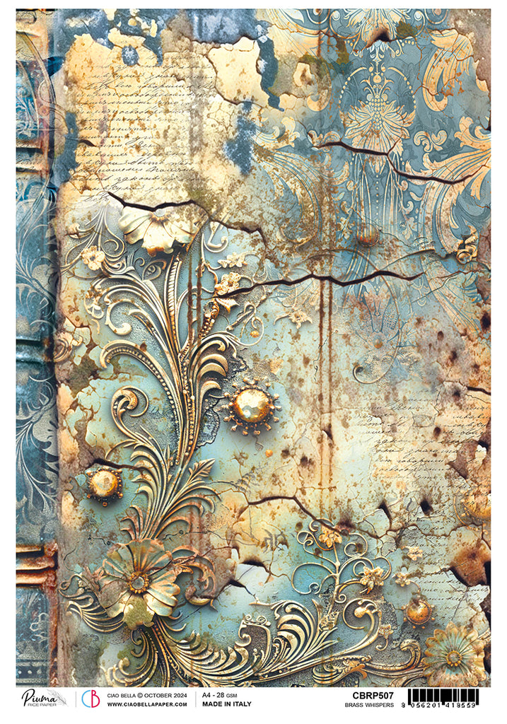 Blue gold and brass texture steampunk flourish design rice paper from Ciao Bella