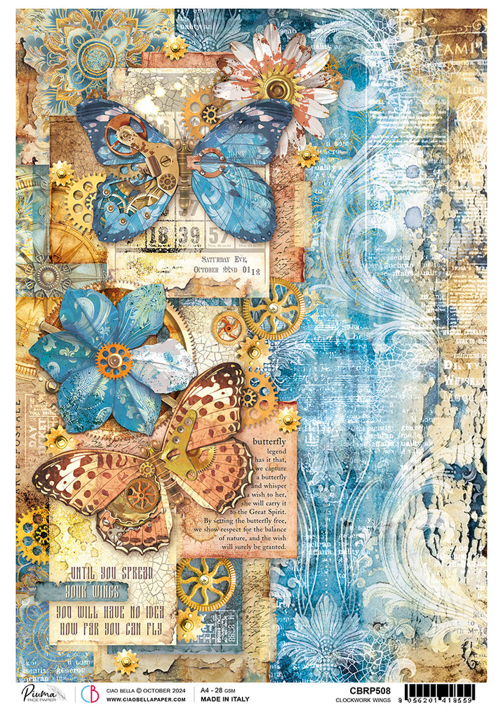 Blue and gold steampunk butterflies on script and texture background rice paper from Ciao Bella