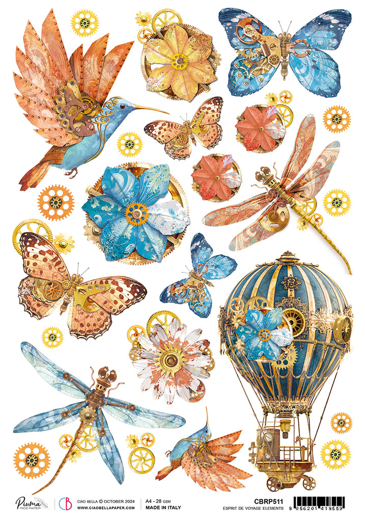 Blue orange and gold steampunk butterflies birds flowers and hot air balloon rice paper from Ciao Bella