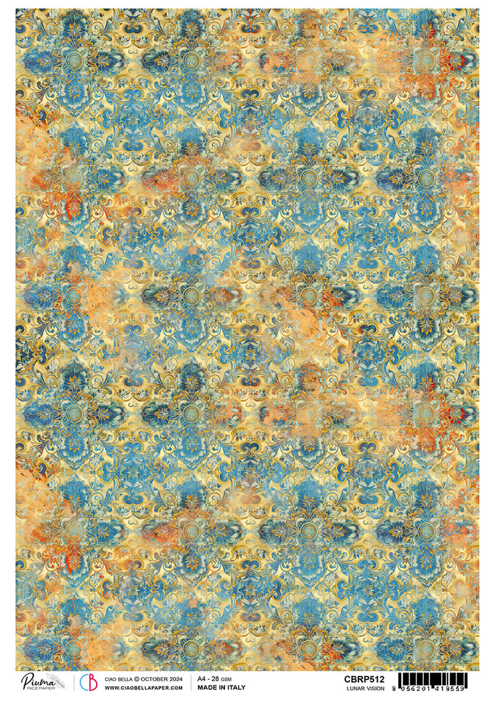 Blue orange and gold flourish design rice paper from Ciao Bella