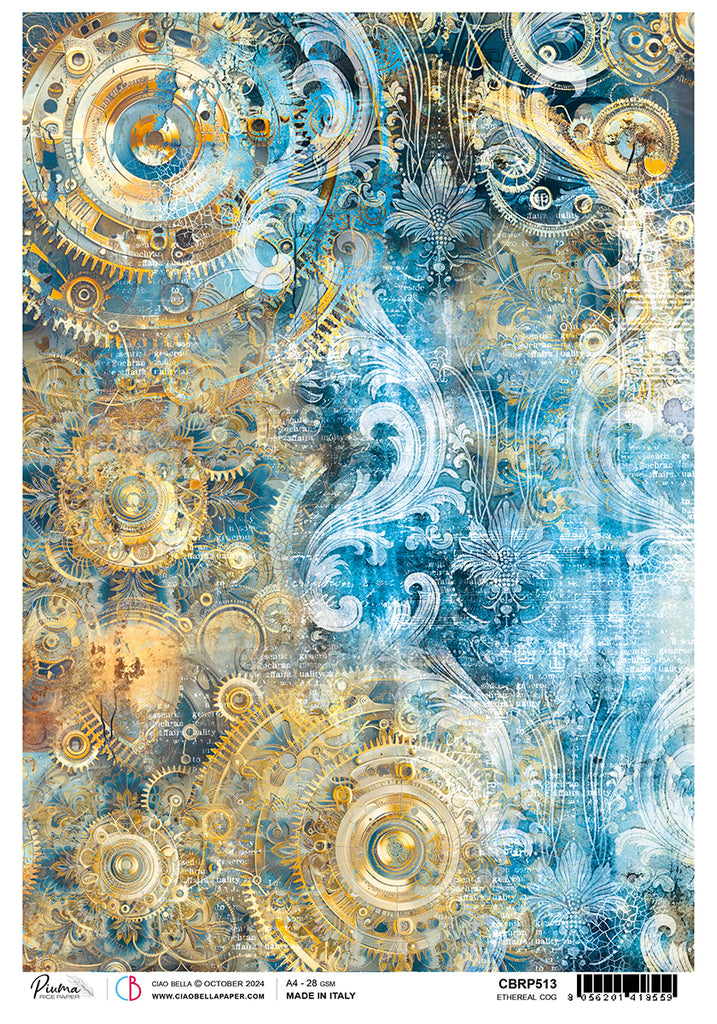 Blue and gold texture steampunk design rice paper from Ciao Bella