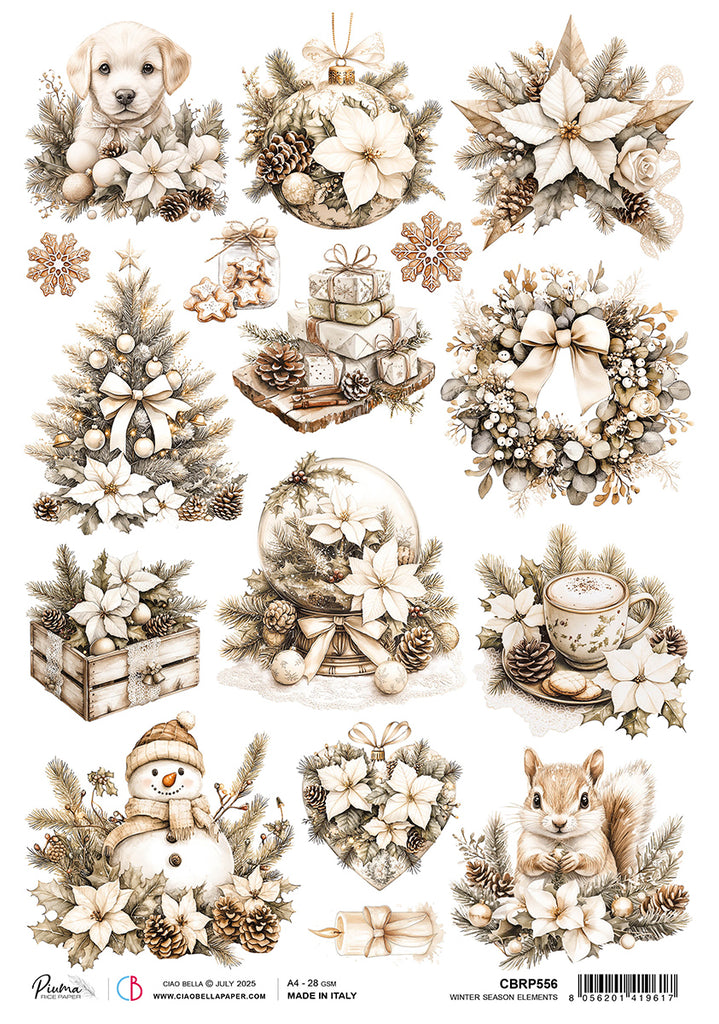 Collection of Christmas-themed illustrations including a puppy, wreaths, trees, and animals on a white background.