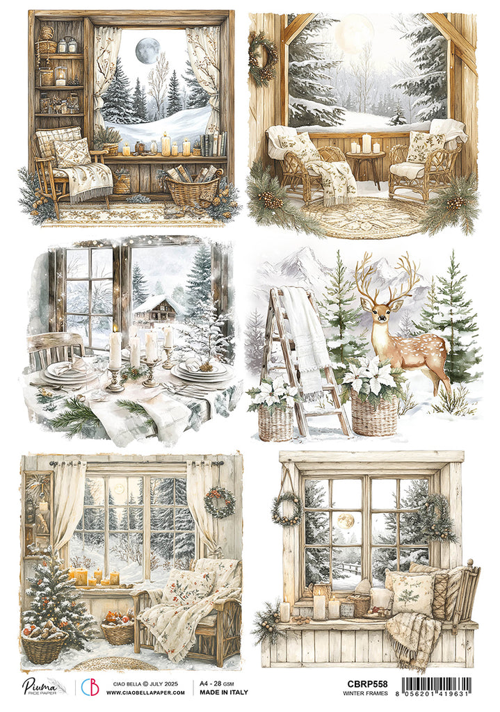 Set of six winter-themed scenes with cozy interiors, Christmas decorations, and nature elements.