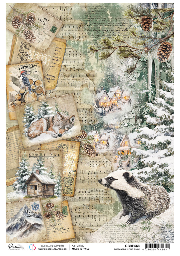 Winter-themed paper with snowy landscape, animals, and music sheet design.
