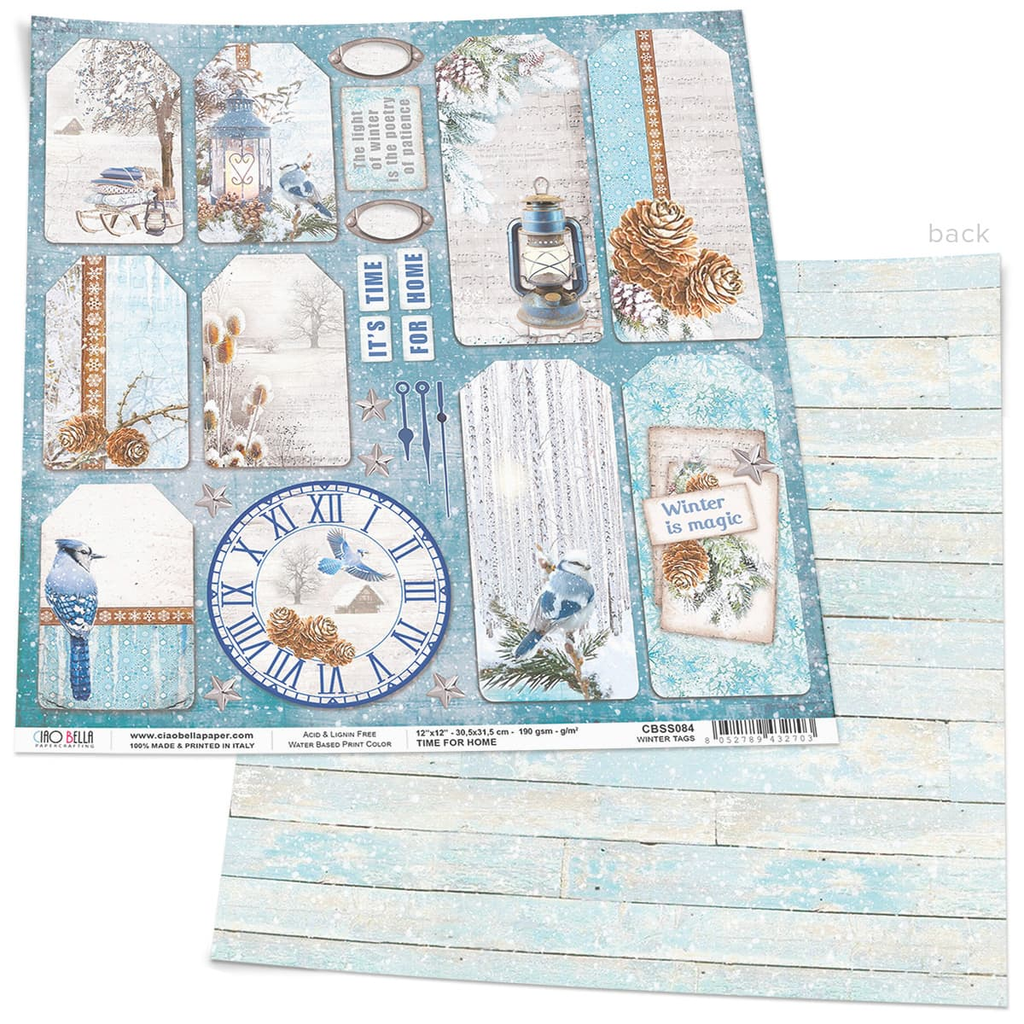 blue card stock with tags with winter images of blue birds in snow Ciao Bella 12x12 Scrapbook Paper for Decoupage