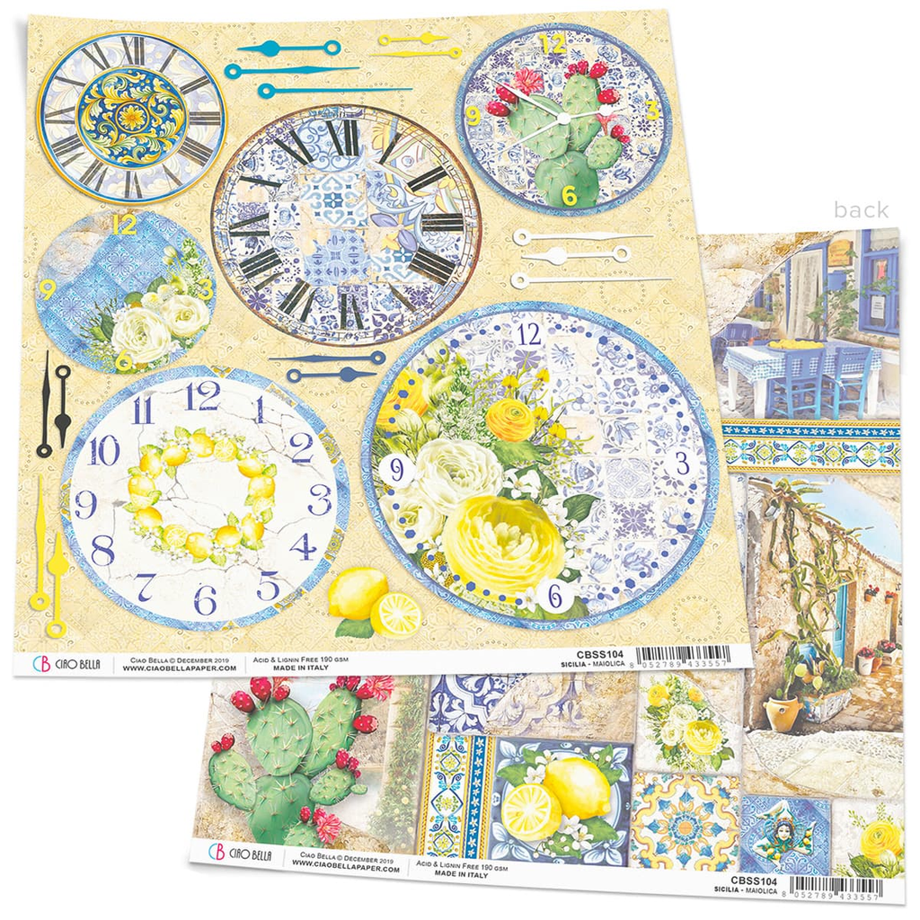 card stock of rounds with clock faces with yellow flowers Ciao Bella 12x12 Scrapbook Paper for Decoupage