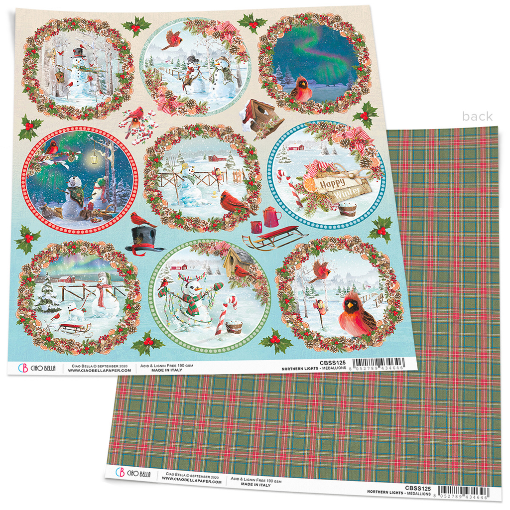 Card stock with rounds of winter scenes of white snow and snowmen, red cardinals and red sleighs Ciao Bella 12x12 Scrapbook Paper for Decoupage