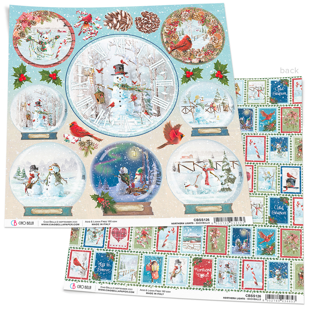 card stock with images of snow globes with snowmen in them Ciao Bella 12x12 Scrapbook Paper for Decoupage