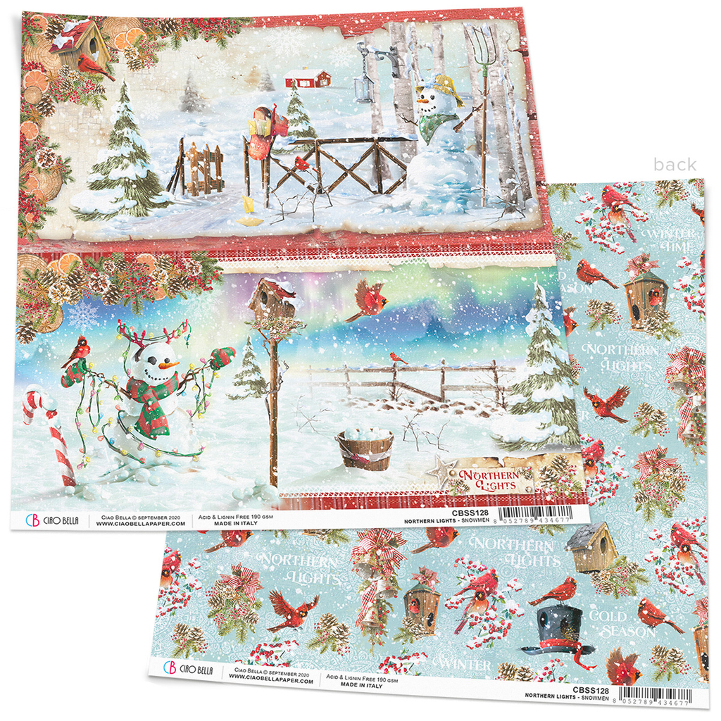 card stock of Winter Images with Snow men, Christmas trees, and red birds Ciao Bella 12x12 Scrapbook Paper for Decoupage