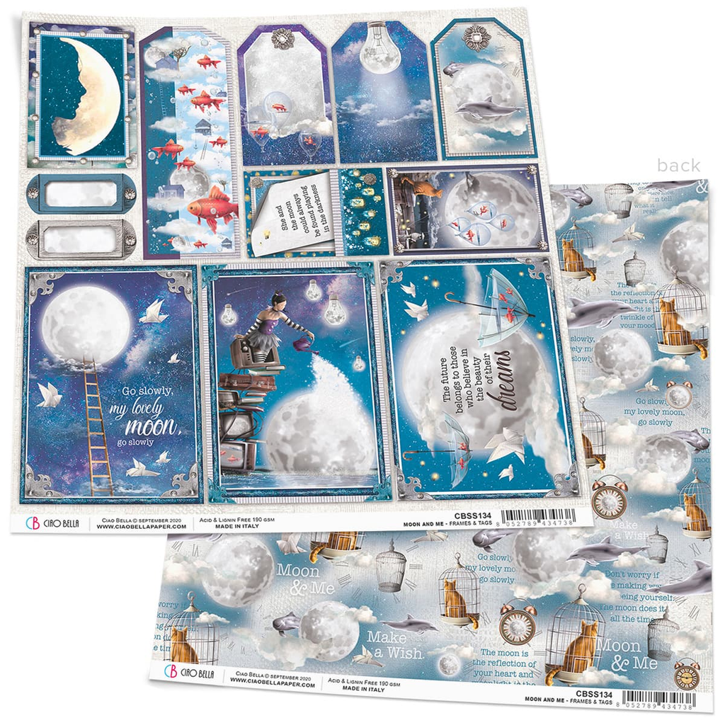 card stock  with images of the moon in a dream state Ciao Bella 12x12 Scrapbook Paper for Decoupage