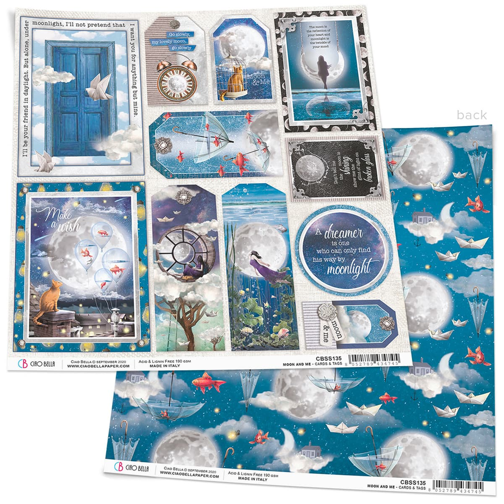 card stock with images of dreams with white bird at blue door, cats looking at the moon Ciao Bella 12x12 Scrapbook Paper for Decoupage