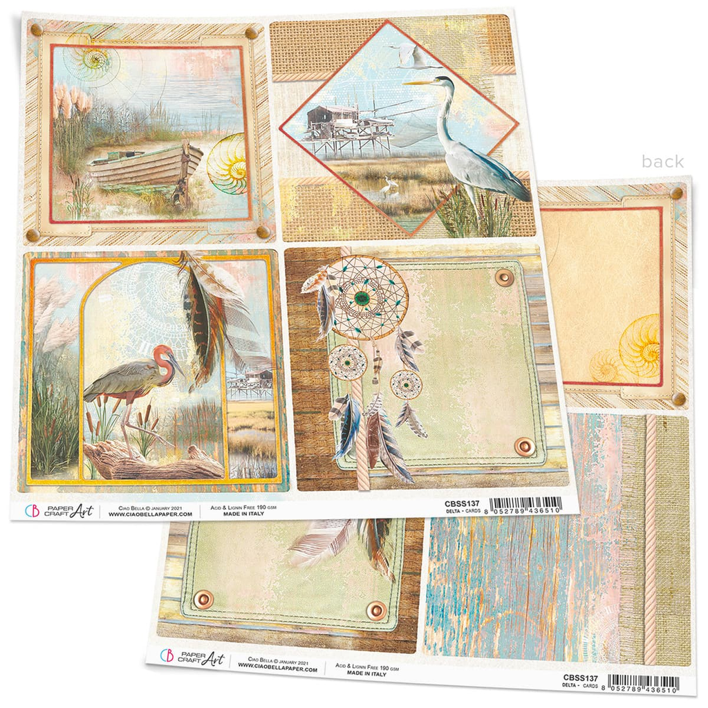 yellow cards stock with images of boats, water fowls and dream catchers Ciao Bella 12x12 Scrapbook Paper for Decoupage
