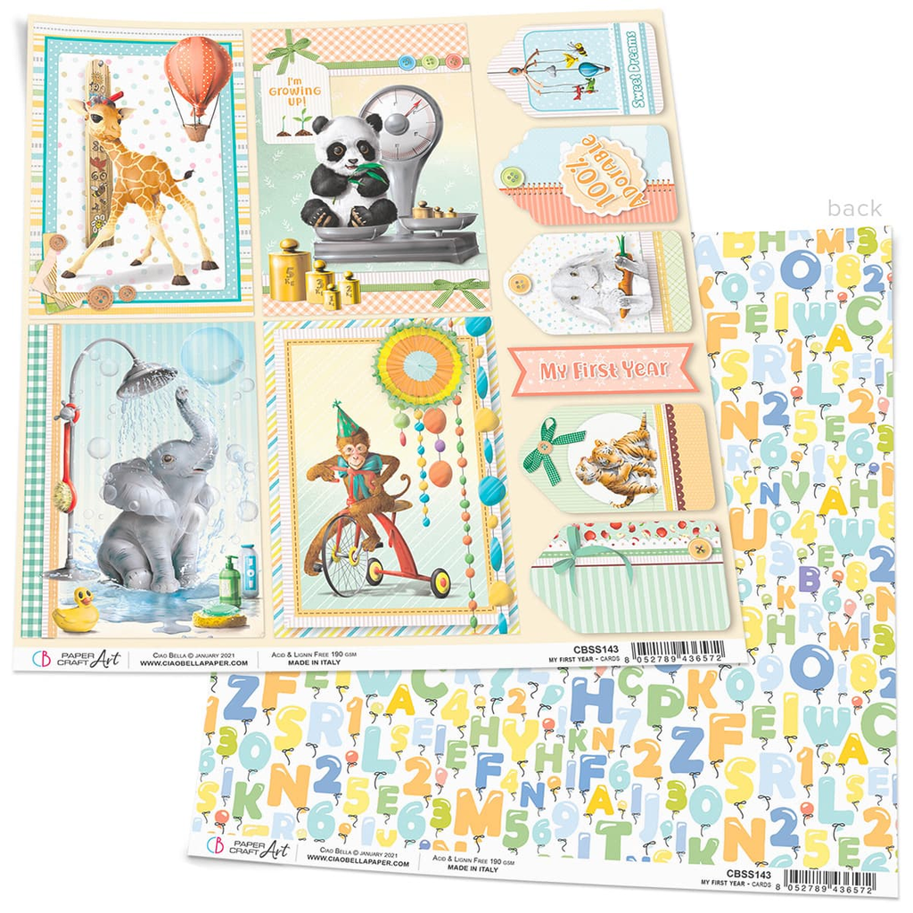 card stock with baby giraffe, panda, elephant and monkey Ciao Bella 12x12 Scrapbook Paper for Decoupage