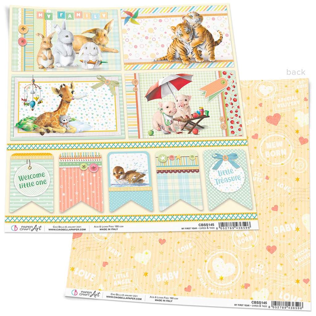 Green card stock with baby animals of rabbits, tigers, pigs and giraffes Ciao Bella 12x12 Scrapbook Paper for Decoupage 