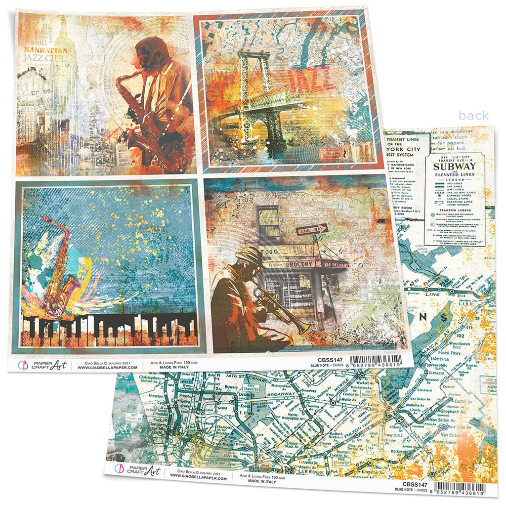 cards stock with images of jazz musician playing saxophones and trumpet Ciao Bella 12x12 Scrapbook Paper for Decoupage
