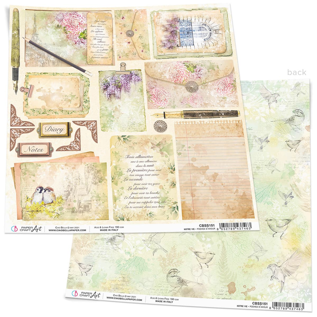yellow card stock  with images of Paris, purple flowers birds and scripts Ciao Bella 12x12 Scrapbook Paper for Decoupage