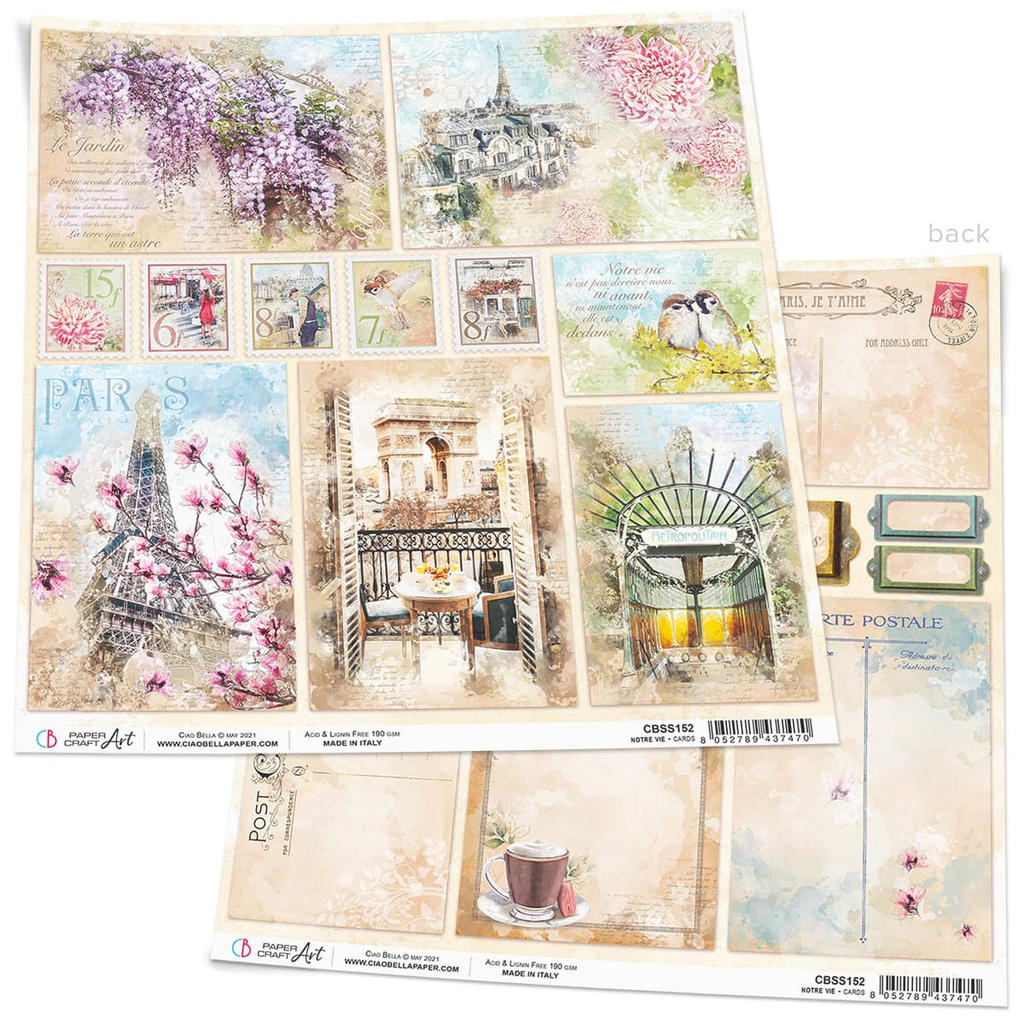 card stock with images of Paris with purple flowers and the Eiffel tower Ciao Bella 12x12 Scrapbook Paper for Decoupage