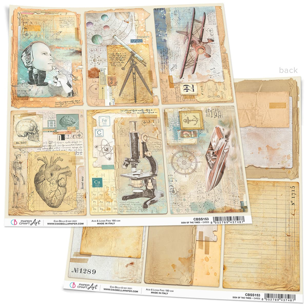 yellow card stock with images of flight and scientific instruments Ciao Bella 12x12 Scrapbook Paper for Decoupage