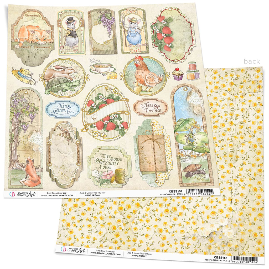 yellow card stock white mice, strawberries, red fox Ciao Bella 12x12 Scrapbook Paper for Decoupage