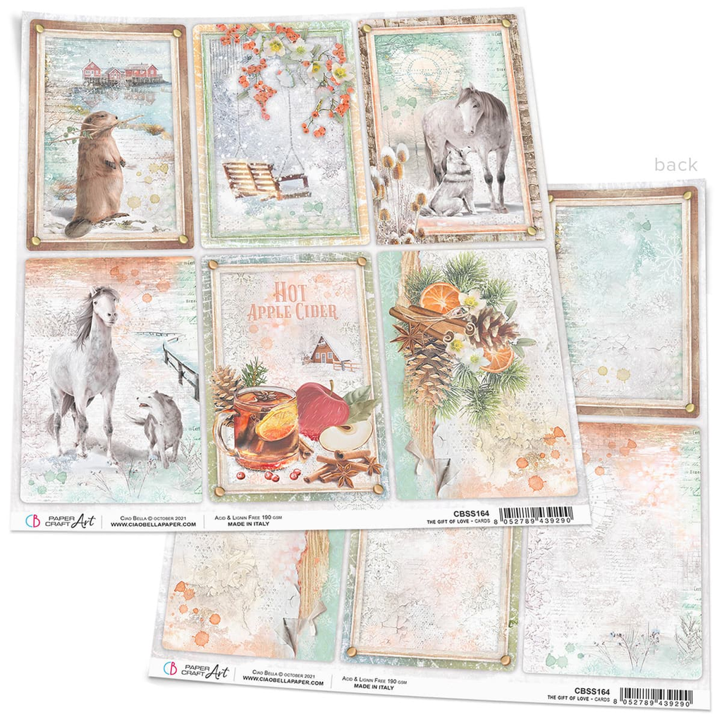 pastel green card stock with images of white horses and beavers Ciao Bella 12x12 Scrapbook Paper for Decoupage
