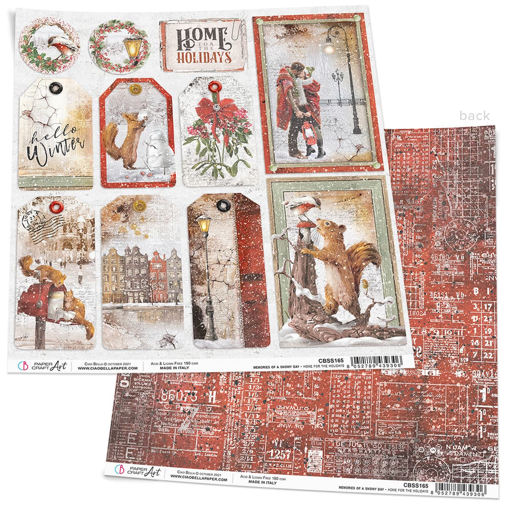 Grey card stock with holiday images with brown squirrels wreaths with birds Ciao Bella 12x12 Scrapbook Paper for Decoupage