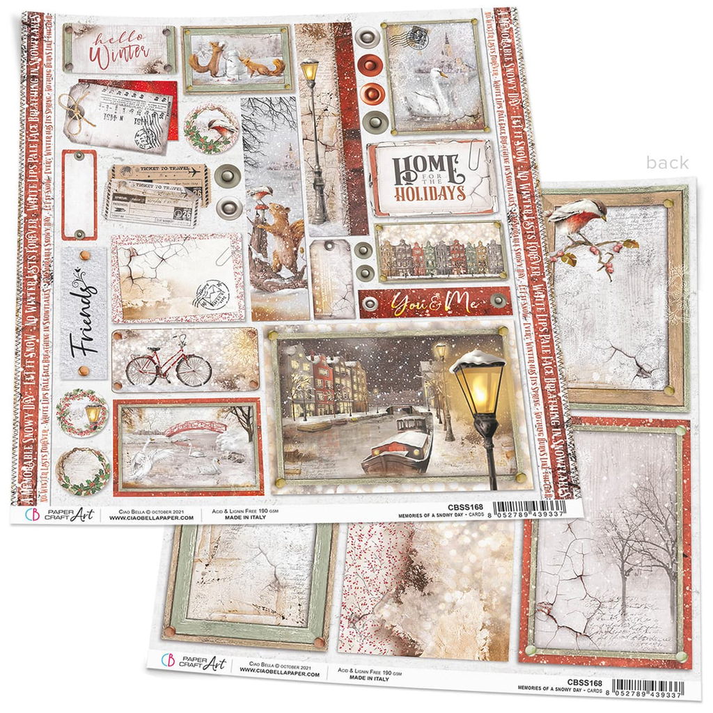 white card stock with Christmas Holliday images with white snow ,  brown squirrels and yellow lamps Ciao Bella 12x12 Scrapbook Paper for Decoupage