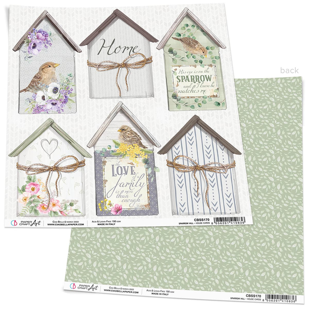 white card stock with bird houses purple flowers sparrows and love Ciao Bella 12x12 Scrapbook Paper for Decoupage