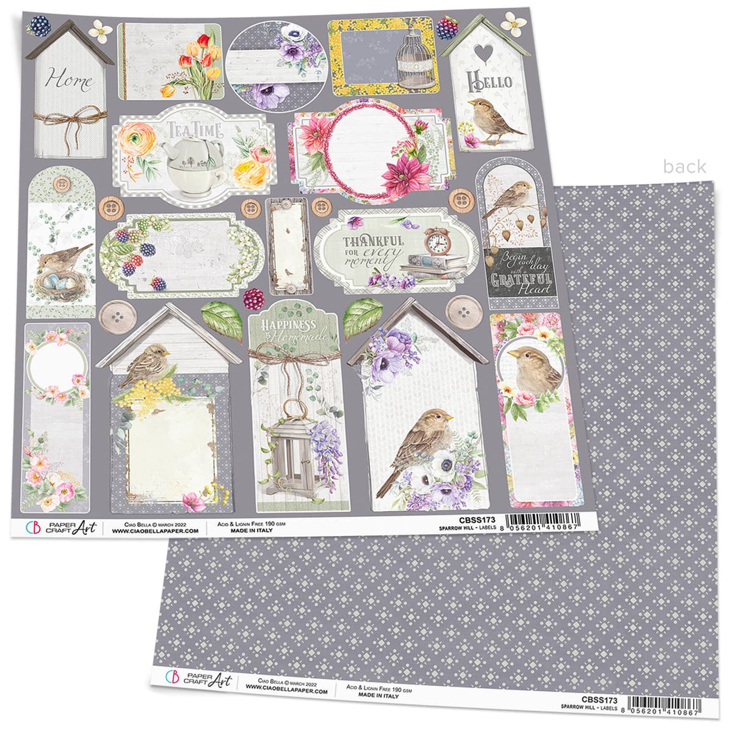 card stock with tags of birds yellow flowers, bird houses Ciao Bella 12x12 Scrapbook Paper for Decoupage