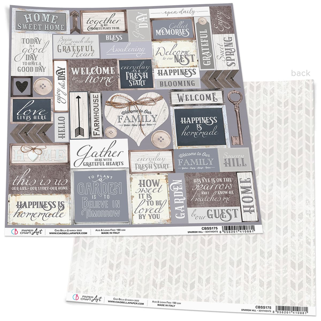 pad of grey and brown paper with written sentiments like welcome and happiness 12x12 Pad for Decoupage