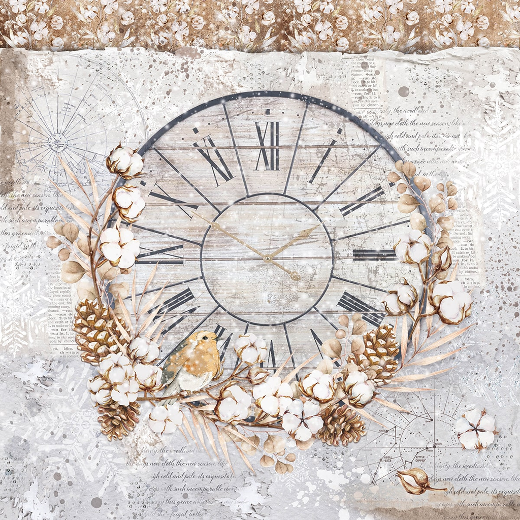 White and tan scrapbook paper with Clock and pine cones and and winter scenes from Cia Bella 