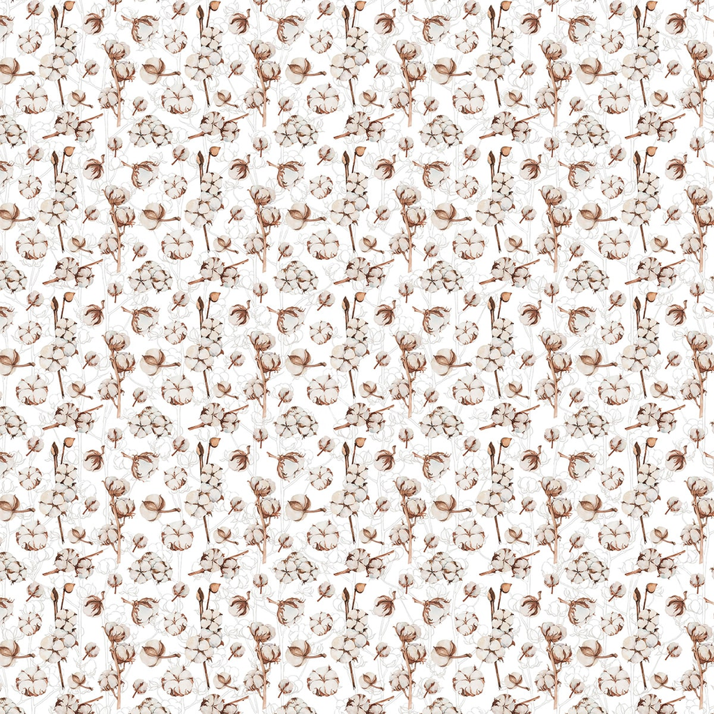 White and tan scrapbook paper with cotton blossomsscenes from Cia Bella 