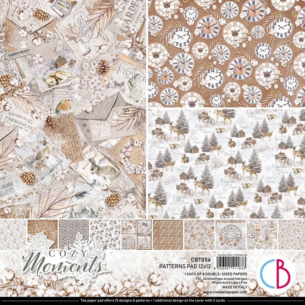 White and tan scrapbook paper with ephemera and winter scenes from Cia Bella 