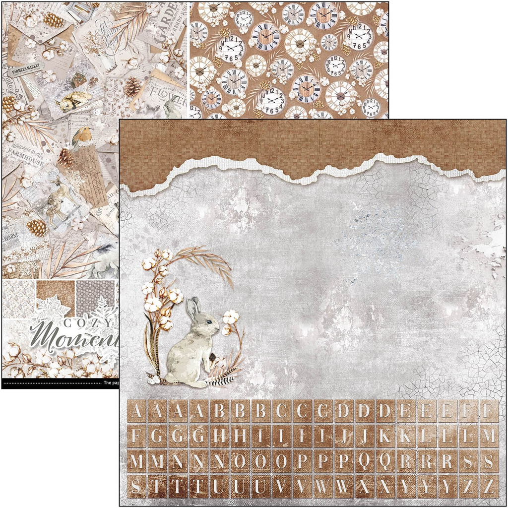 White and tan scrapbook paper with ephemera and winter scenes from Cia Bella with Rabit