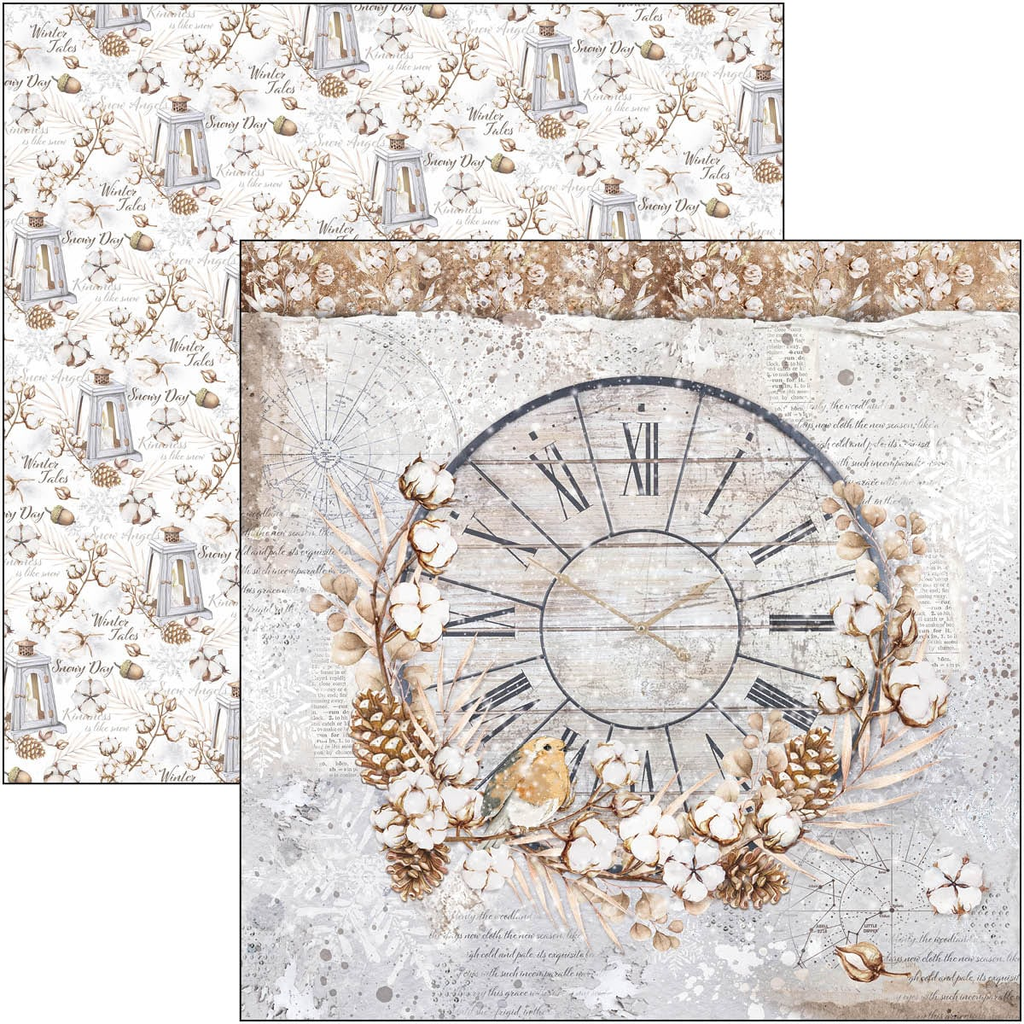 2 White and tan scrapbook paper with ephemera and winter scenes from Cia Bella 