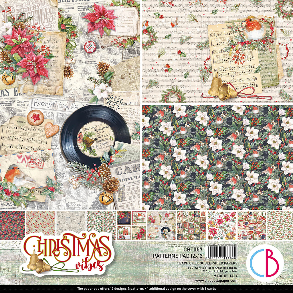 Christmas images with red poinsettias sheet music and green garland 12x12 Scrapbook Paper Pad for Decoupage