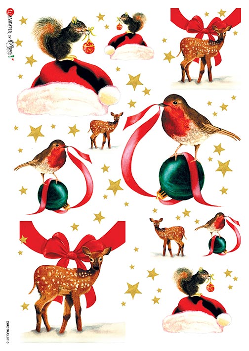 Deer and birds with red Christmas ribbons and gold stars decoupage paper