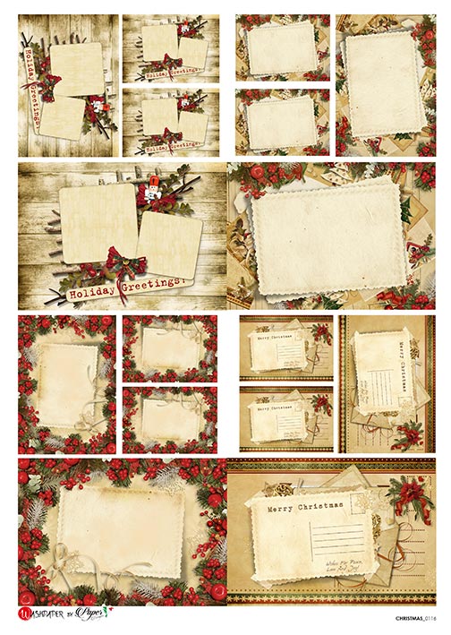Christmas postcards decoupage paper in beige and red tones.