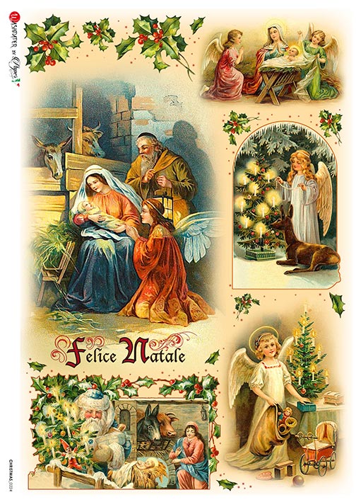 Vintage-style Christmas scene with nativity scene, angels, and Santa Claus surrounded by holly leaves.