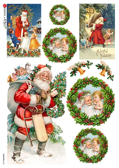 Vintage-style Christmas cards with Santa Claus and wreaths on a white background