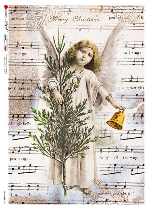 Vintage-style illustration of an angel holding a Christmas tree and bell on sheet music background.