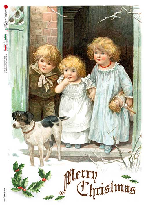 Vintage-style illustration of three children and a dog with 'Merry Christmas' text.
