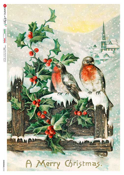 Vintage-style Christmas card with two birds on a branch with holly and berries, and a snowy village in the background.