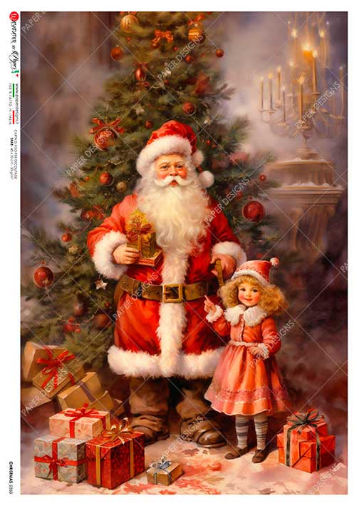 Vintage-style illustration of Santa Claus with a child by a Christmas tree and presents.