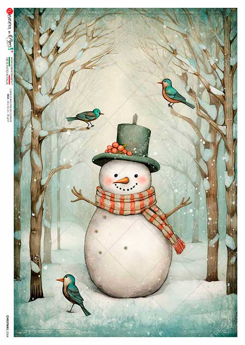 Illustration of a snowman with a top hat and scarf in a snowy forest with birds.