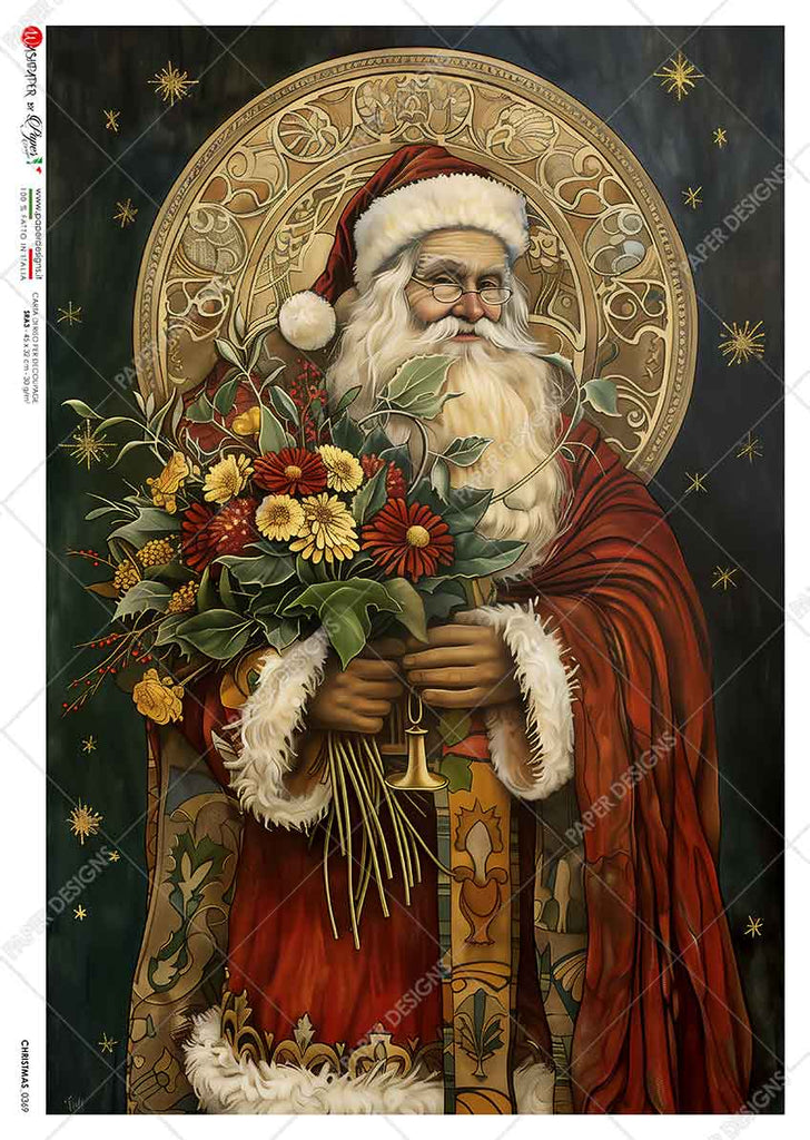 Vintage Santa surrounded by golden halo holding bouquet of red and yellow flowers on dark starry background. Beautiful Rice Paper of Exquisite Quality for Decoupage crafts.